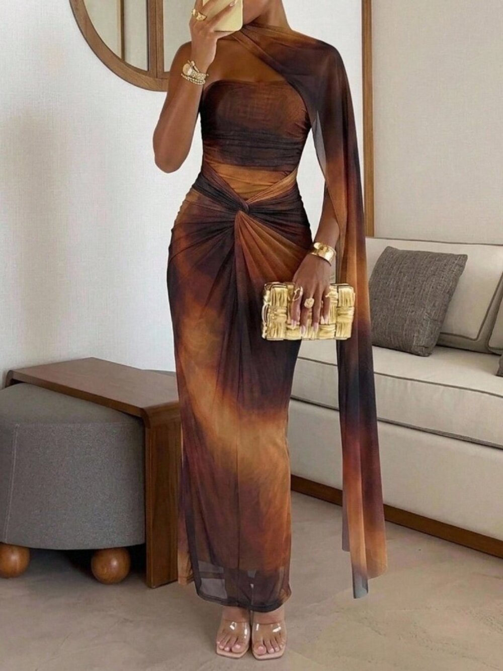 Multicolor Party Women's Twist Pencil Maxi Asymmetrical Neck Bodycon Dress